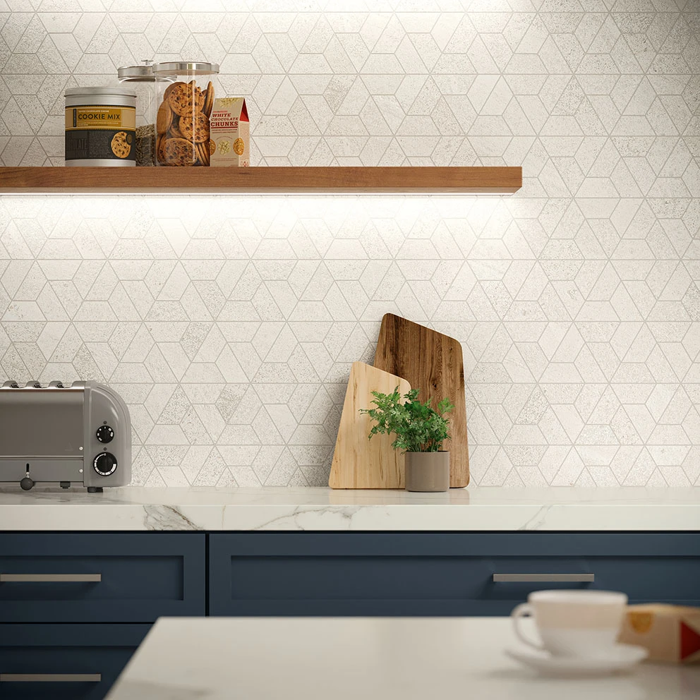 Outland Pure Multi-hex Mosaic used as kitchen backsplash