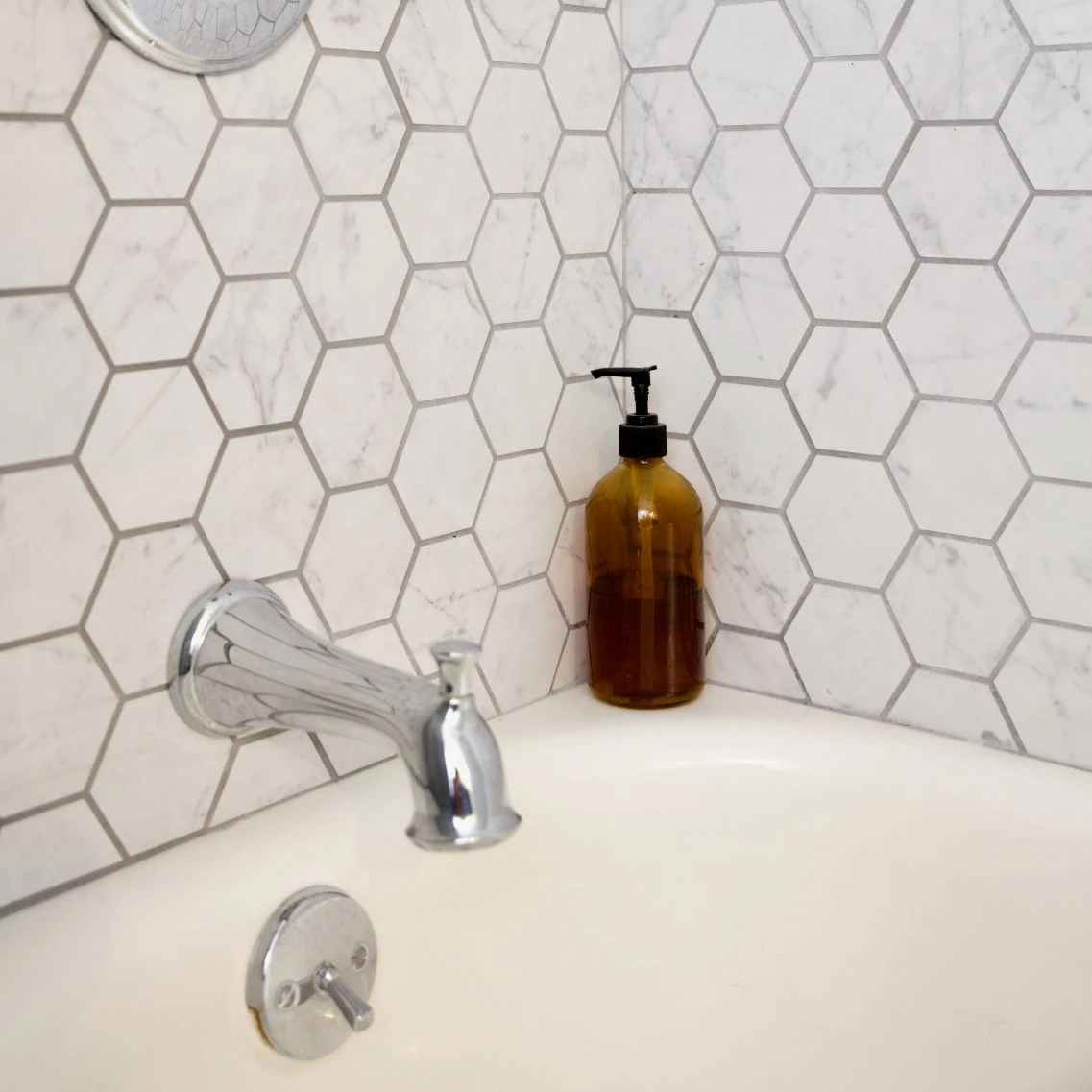 Eon Carrara Honeycomb Mosaic used as shower wall tile