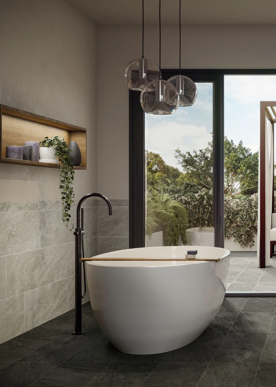 You'd be relaxed in this bathroom, enjoying the beauty of Element Silver Brick Mosaic on walls and Element Carbon Cove as flooring