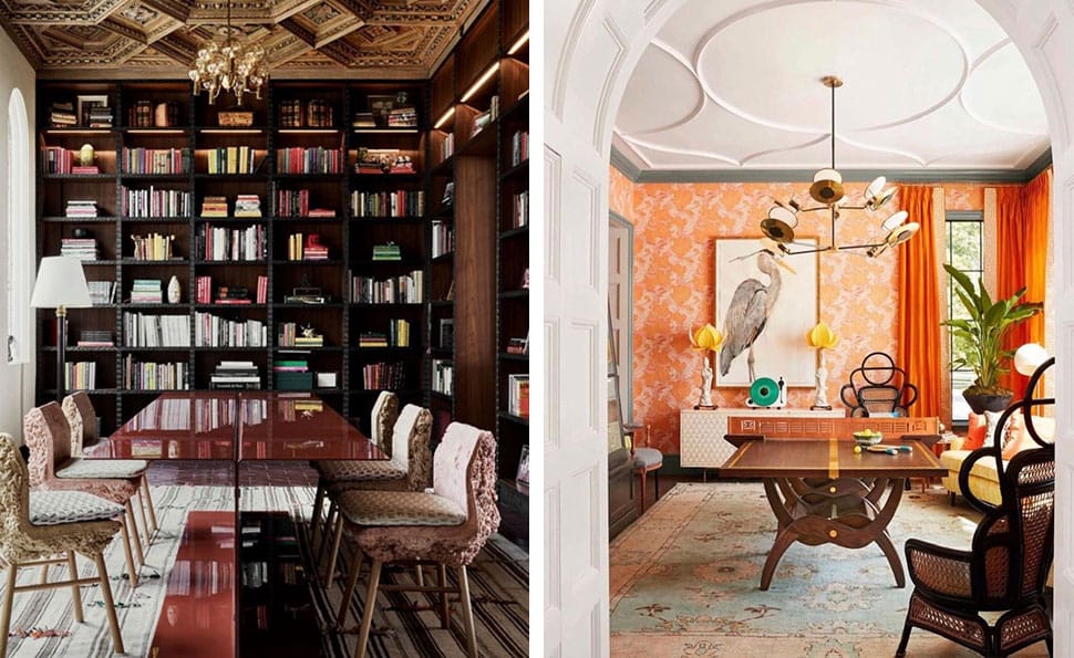 Left: Beautiful dining room with books referenced in the Atlas Concorde USA blog from Architectural Digest; Right: Ping Pong dining table referenced in the Atlas Concorde USA blog from Chenault James Interiors