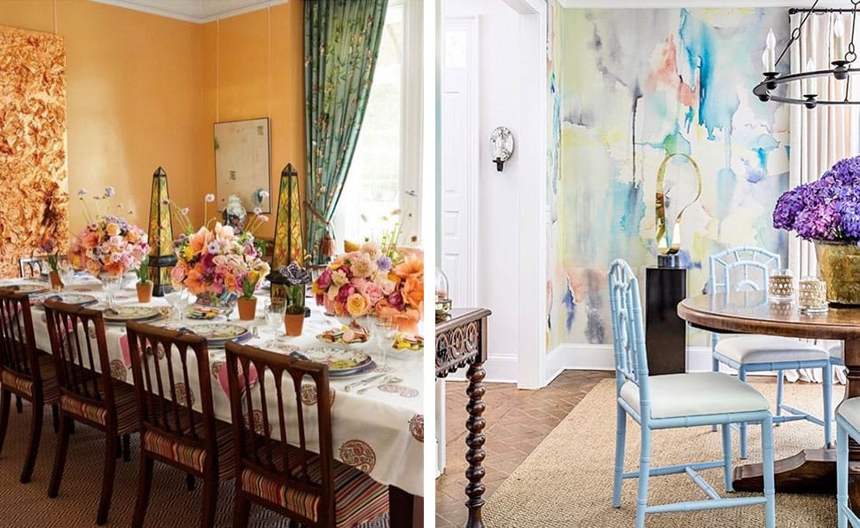 Left: Apricot-colored dining room referenced in the Atlas Concorde USA blog from Jan Showers; Right: Gorgeous waltercolor wallpaper referenced in the Atlas Concorde USA blog from Will Huff