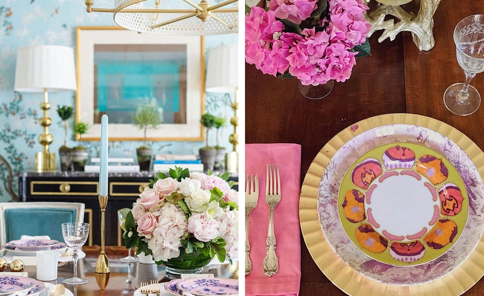 Left: Beautiful flowers on dining table referenced in the Atlas Concorde USA blog from Paloma Contreras; Right: Lovely table setting referenced in the Atlas Concorde USA blog from Heather Dewberry