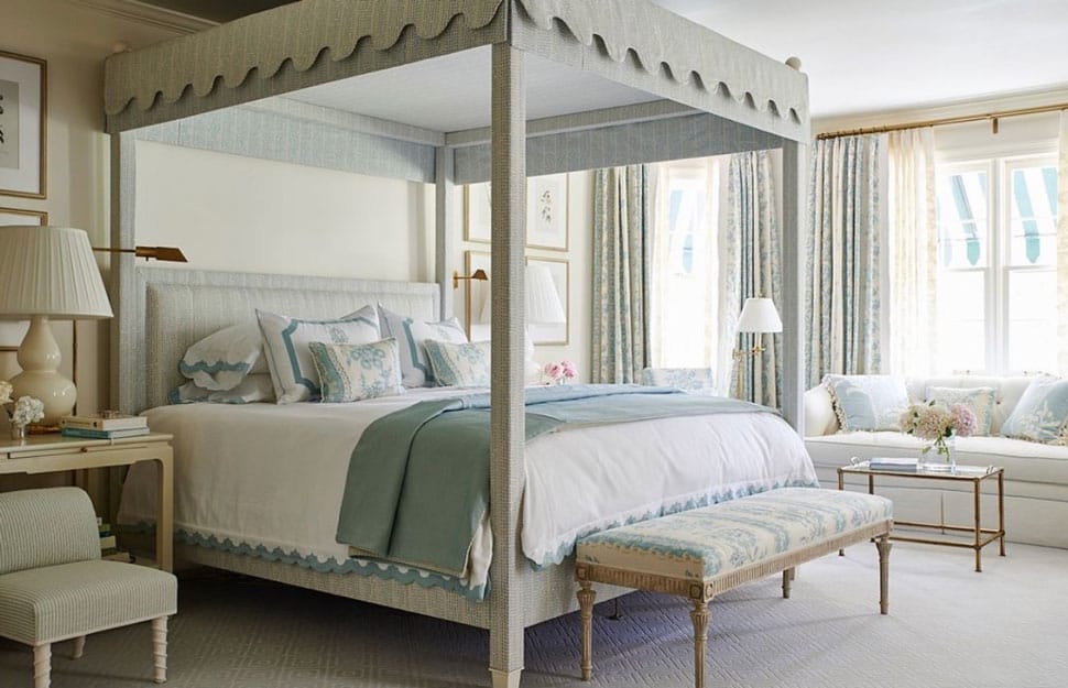 Inspiring bedroom with canopy bed referenced in the Atlas Concorde USA blog from Mark D. Sikes Interiors