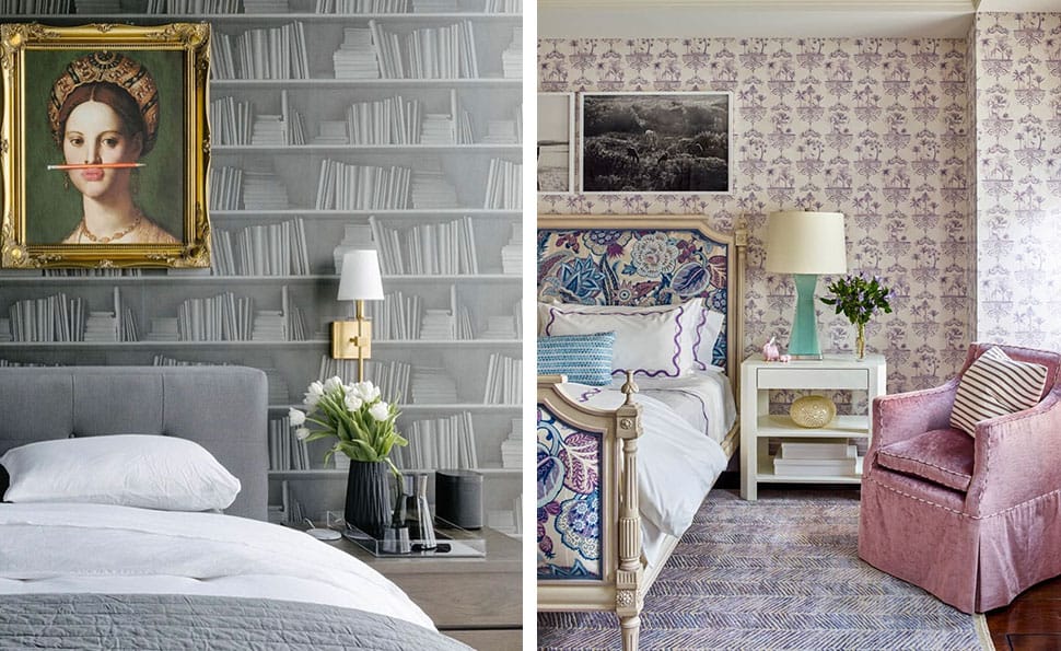 Left: Bedroom with book wallpaper referenced in the Atlas Concorde USA blog from Rue Magazine; Right: Bedroom with bold patterned bed referenced in the Atlas Concorde USA blog from Josh Greene