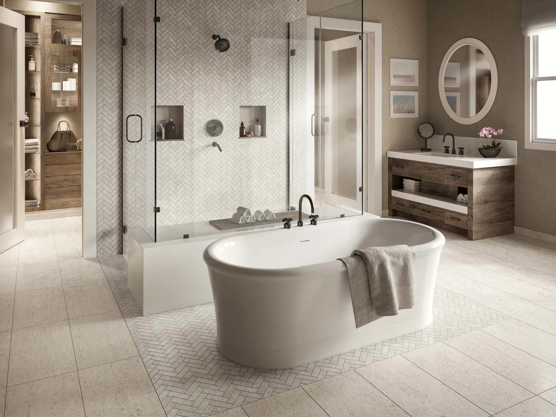 Atlas Concorde USA Rise collection used on the floor and wall of a bathroom and shower.