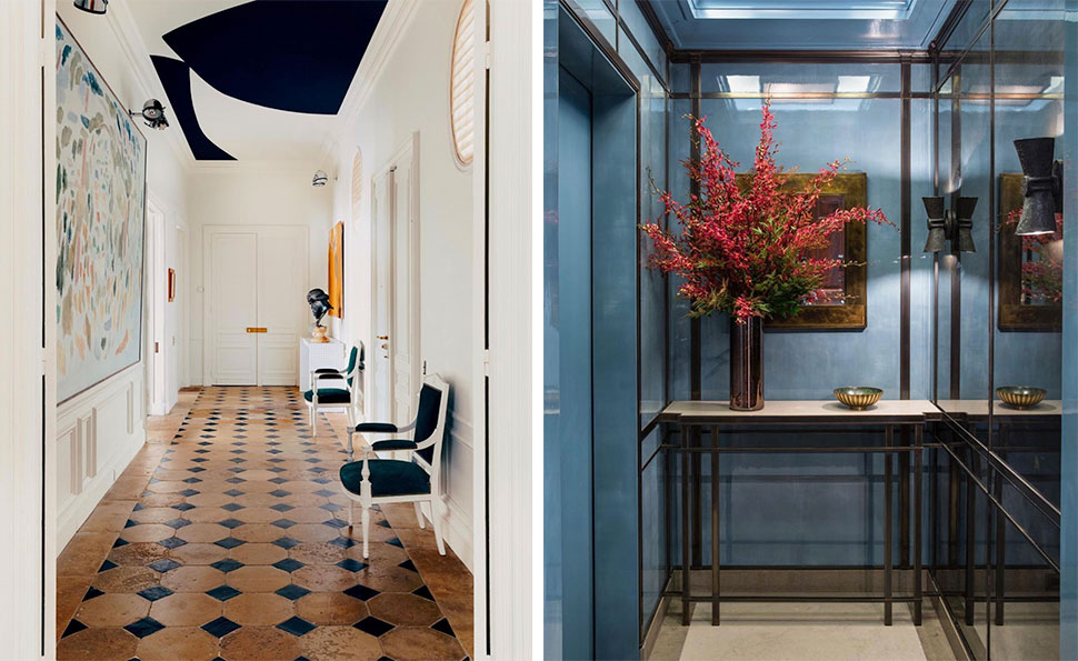 Left: Black and white ceiling referenced in the Atlas Concorde USA blog from Fabrizio Casiraghi; Right: Blue landing referenced in the Atlas Concorde USA blog from Victoria Hagan Interiors