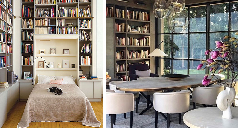 Left: Murphy bed bookshelves featured in the Atlas Concorde USA blog by Domino Magazine; Right: Dining room bookshelves featured in the Atlas Concorde USA blog by Gregorius Pineo