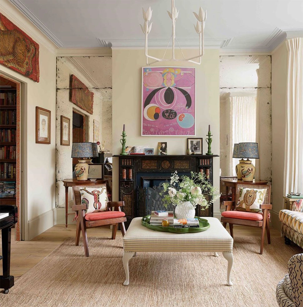 Living room with mirrors referenced in the Atlas Concorde USA blog from Beata Heuman