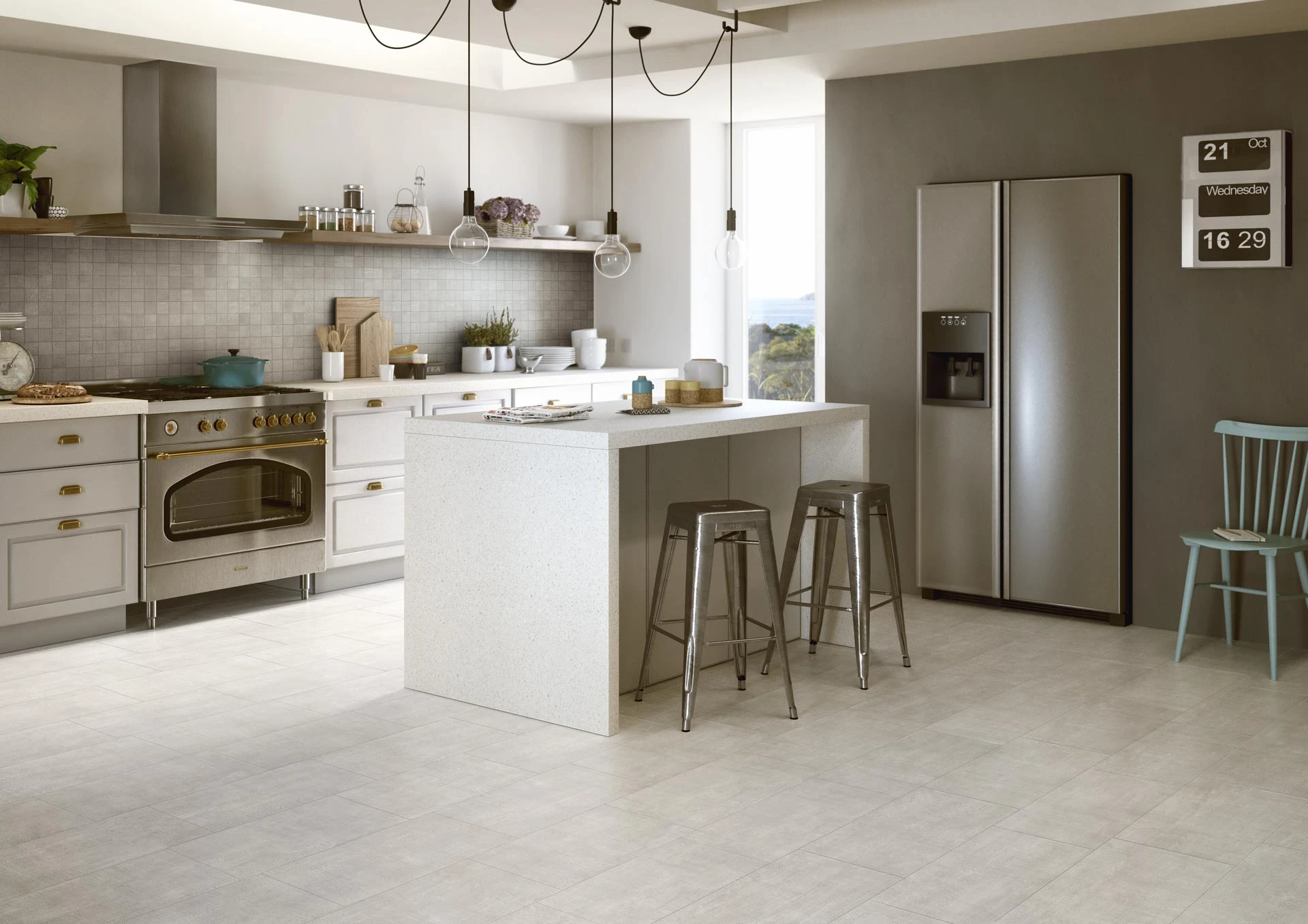 Atlas Concorde USA's Fray in White Pearl used as kitchen flooring.