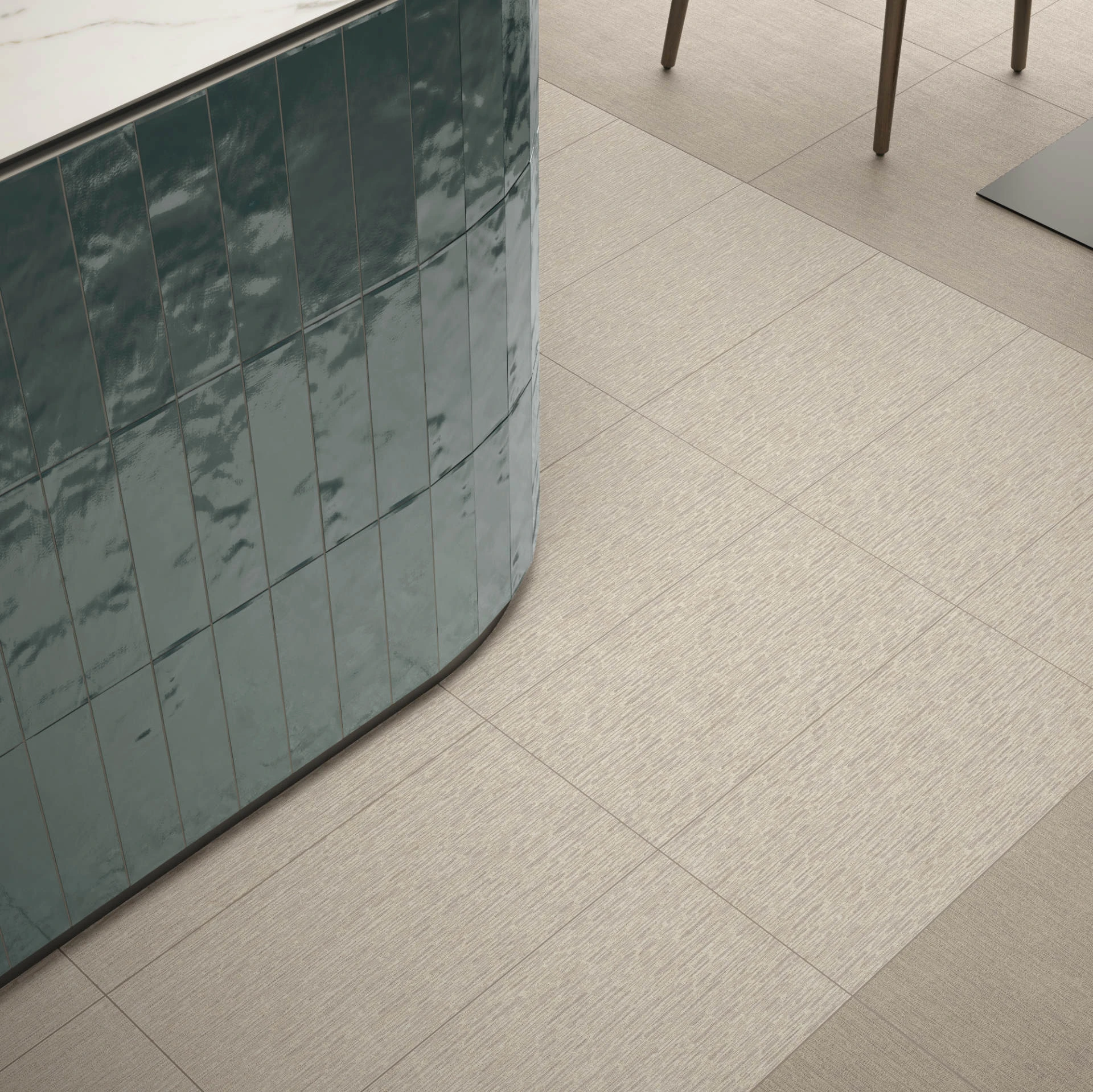 Detail with Avenue subway 3x12 tiles and Fray X 12x24 tiles