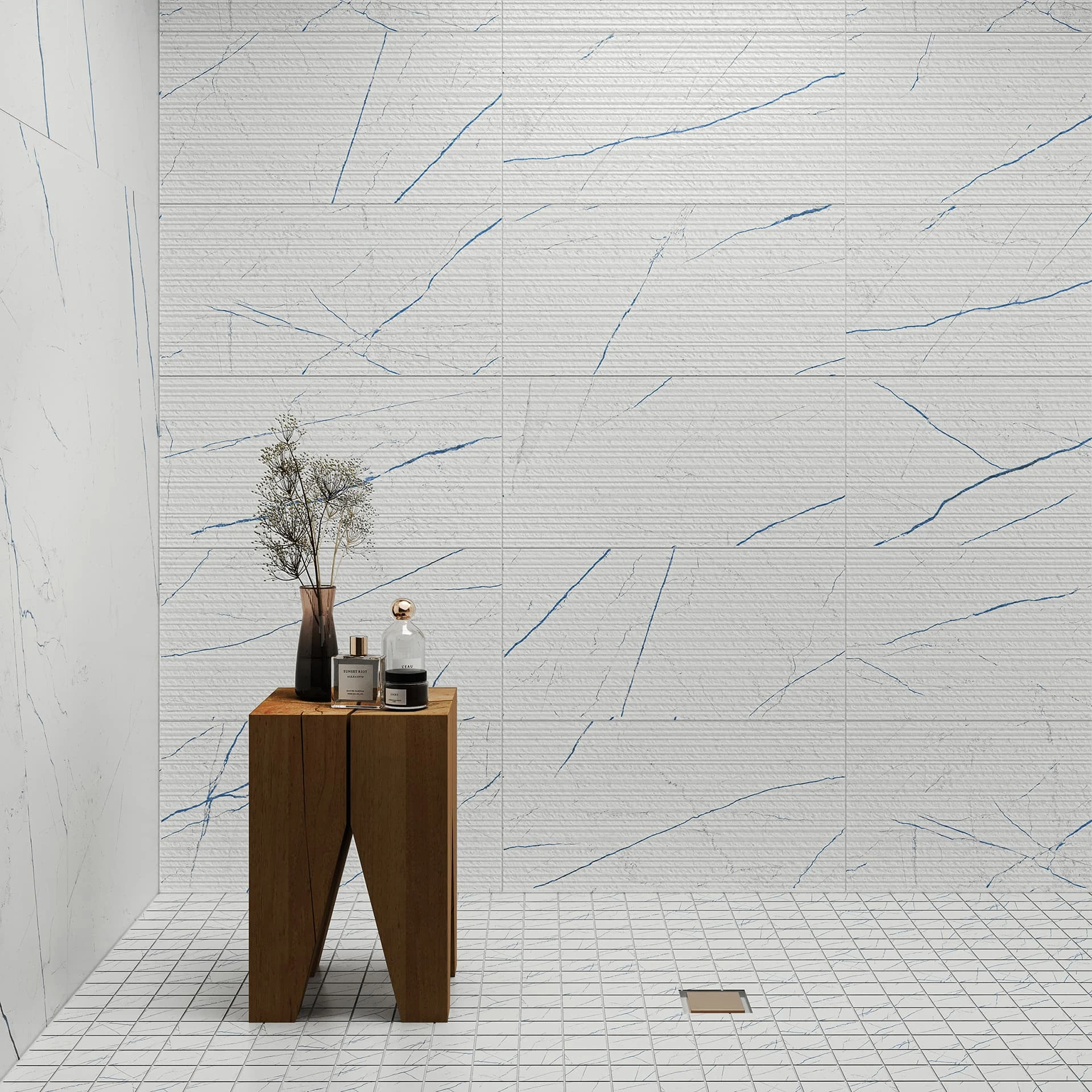 Beyond Calacatta Ocean White 3D Etch 12x24, Ocean White Mosaic