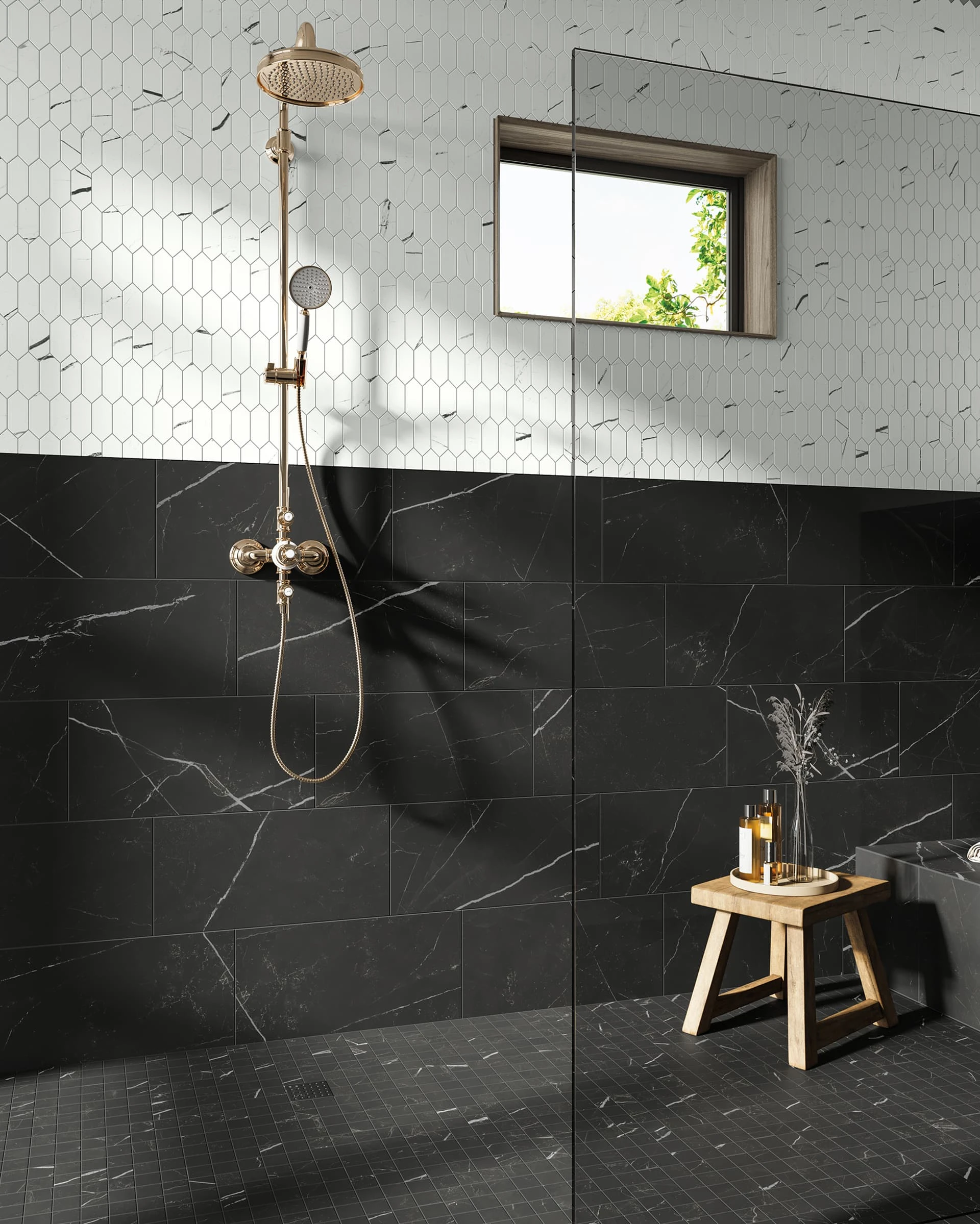 Beyond Calacatta Glam White Picket Mosaic, Black 12x24, Black Mosaic