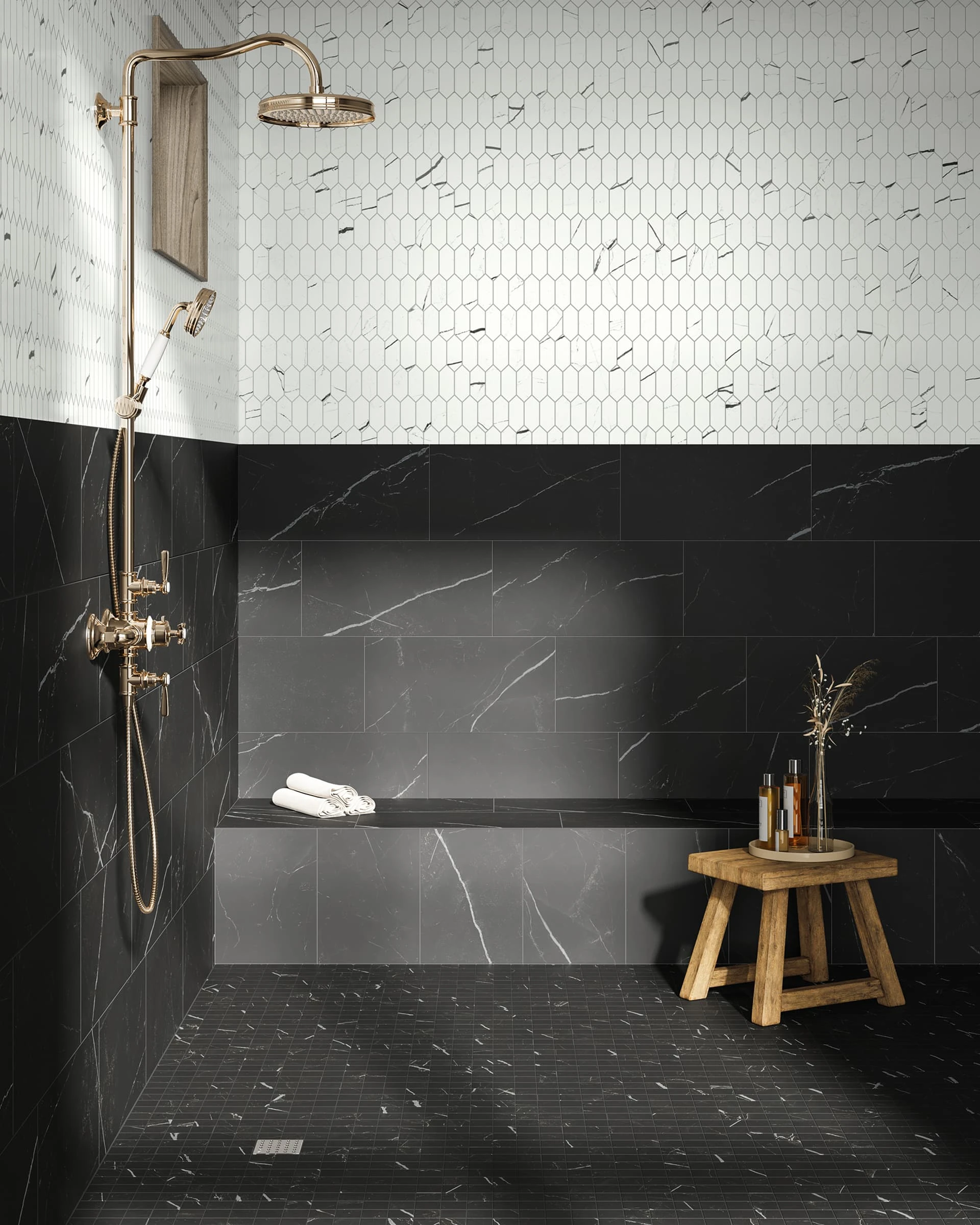 Beyond Calacatta Glam White Picket Mosaic, Black 12x24, Black Mosaic