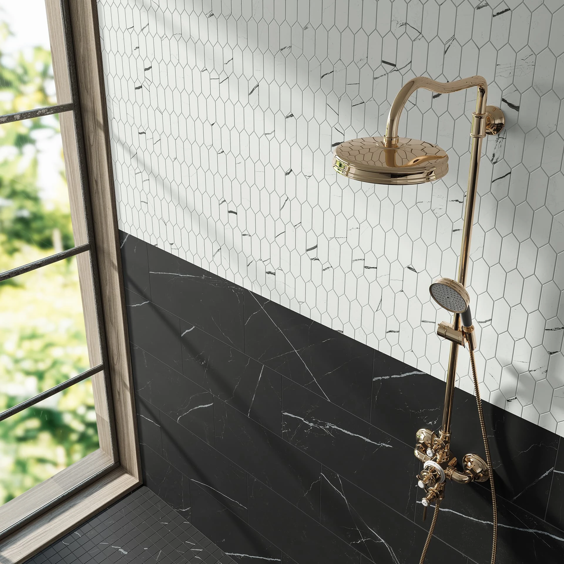 Beyond Calacatta Glam White Picket Mosaic, Black 12x24, Black Mosaic