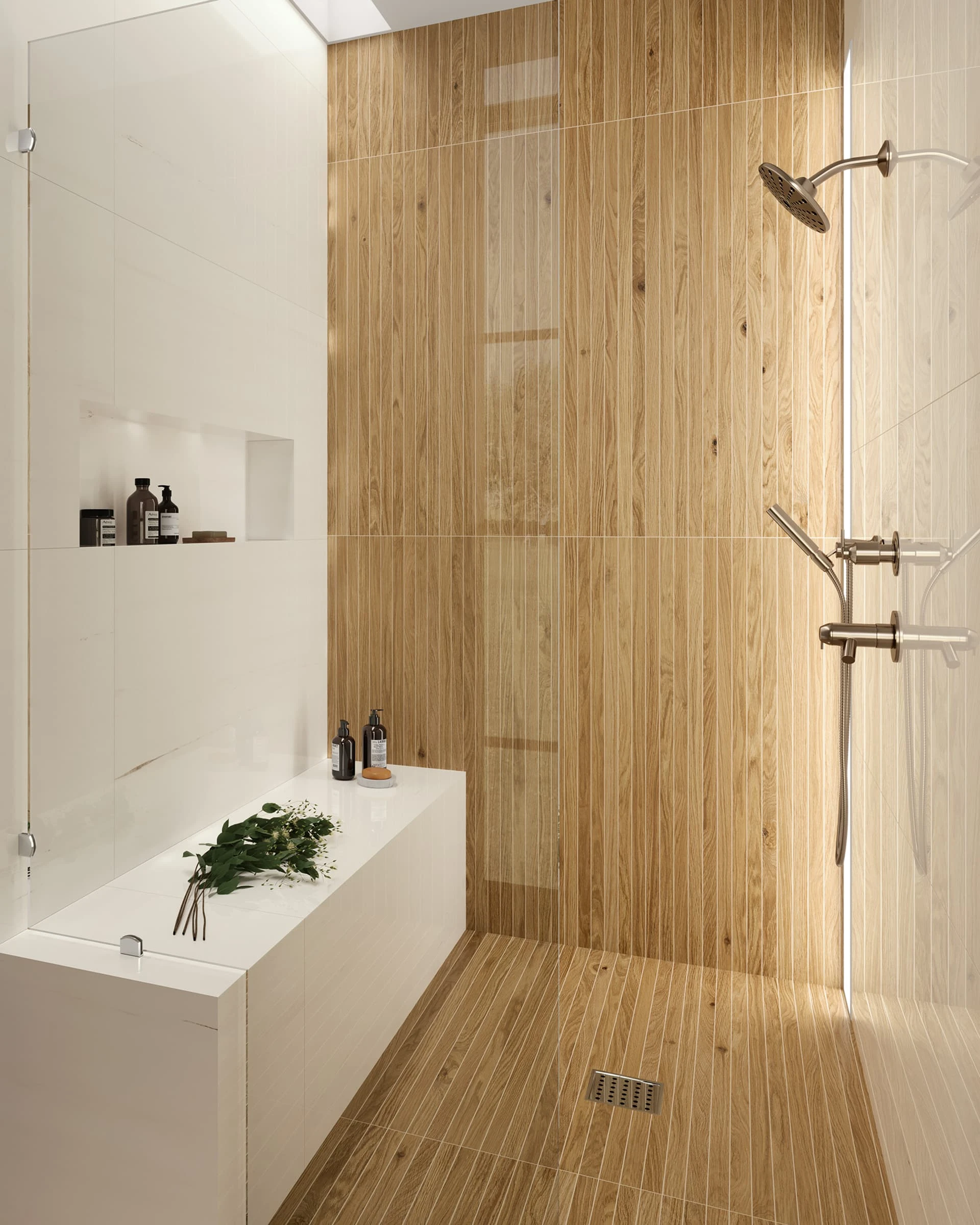 Beyond Dolomite Warm White Polished 24x48, Memory Oak Caramel Spa 8x40