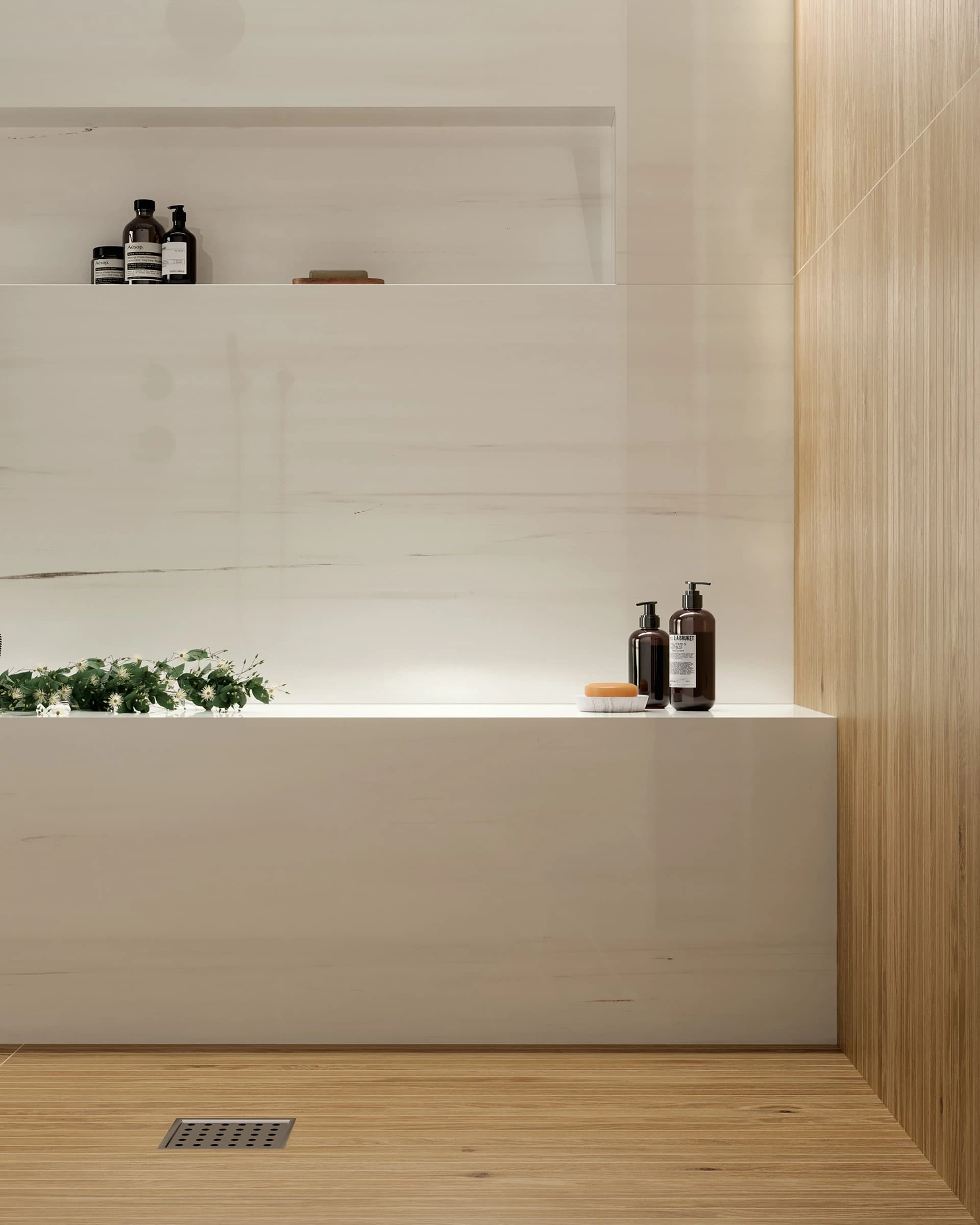 Beyond Dolomite Warm White Polished 24x48, Memory Oak Caramel Spa 8x40