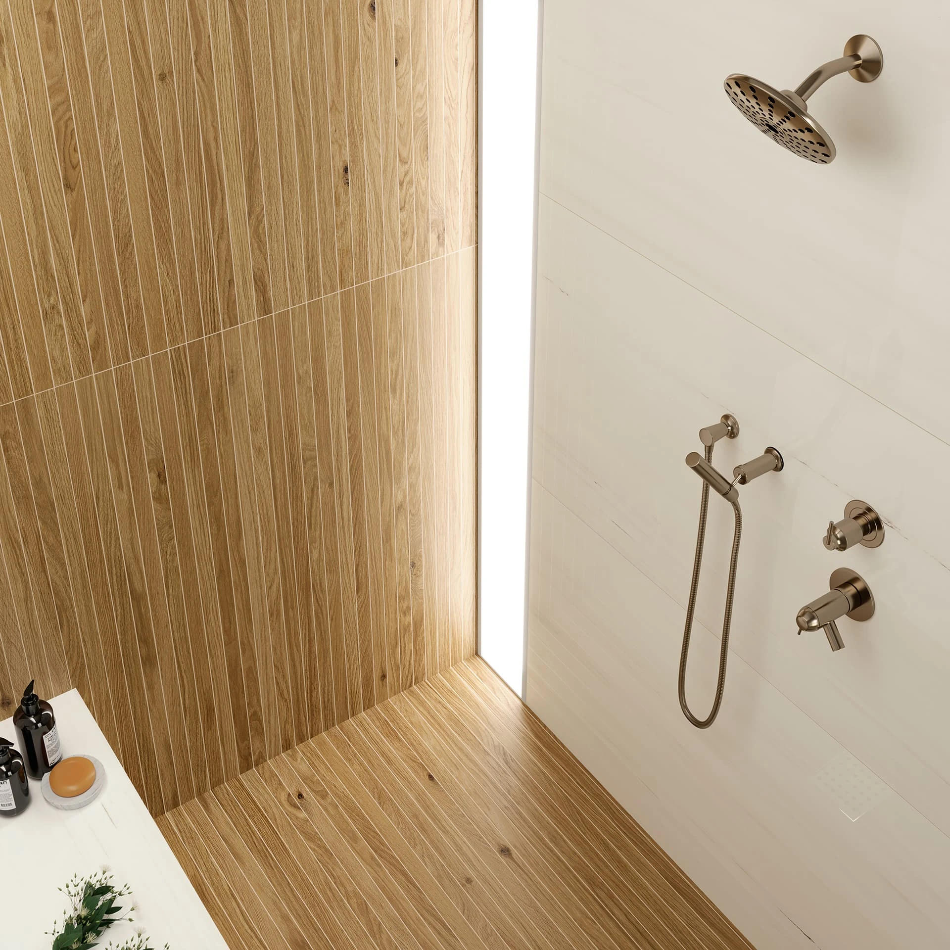 Beyond Dolomite Warm White Polished 24x48, Memory Oak Caramel Spa 8x40