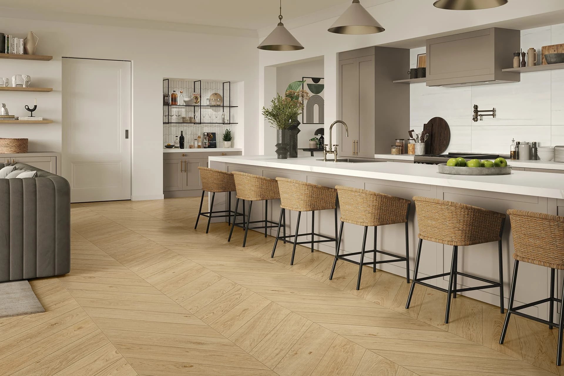 Beyond Dolomite Cool White 24x48, Memory Oak Vanilla Chevron 8x40