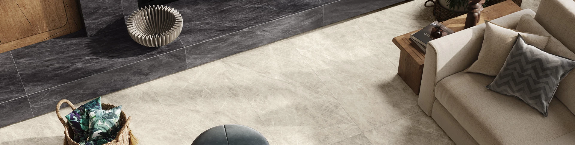 Floor: Beyond Taj Mahal Alabaster 24x48, Fireplace: Beyond Taj Mahal Noir 24x48