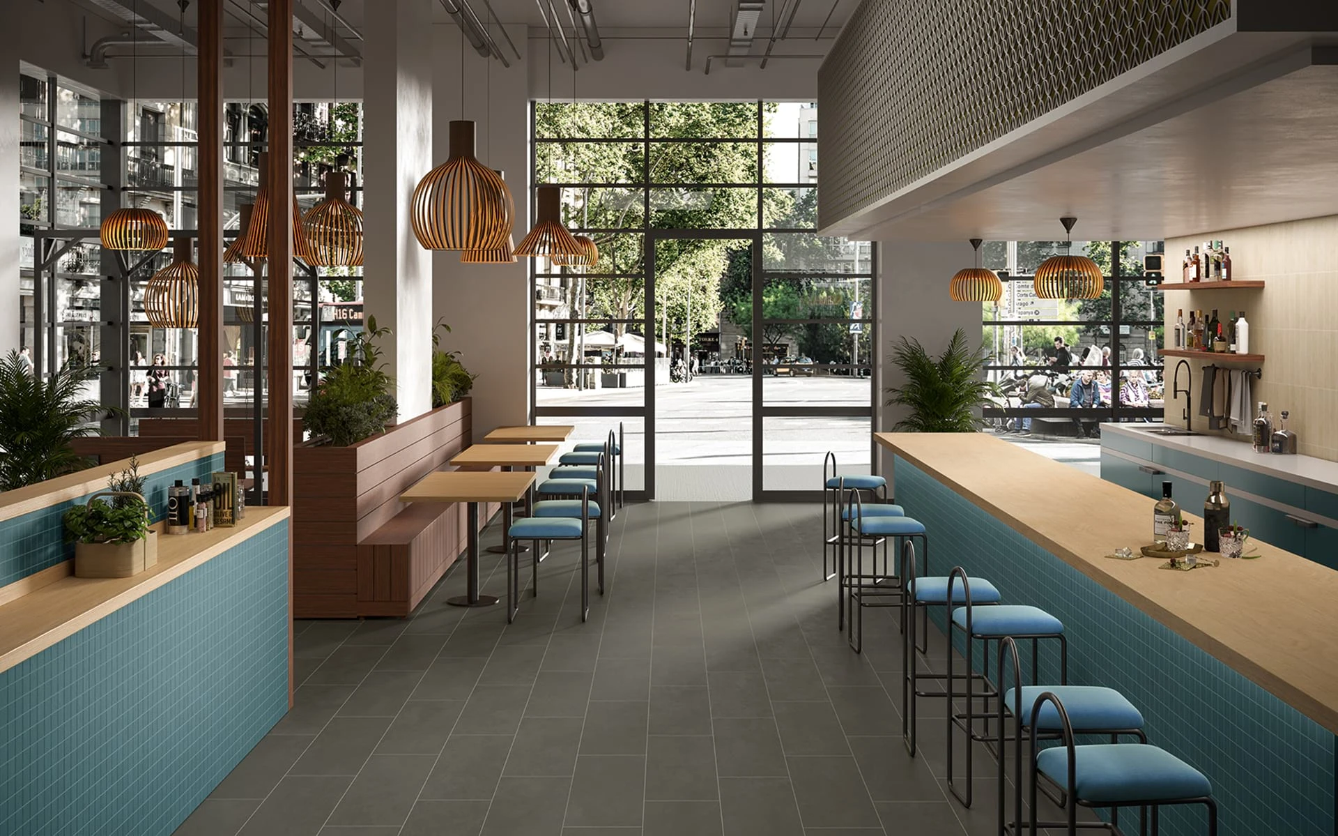 Cove Terra restaurant with smoke 12x24 on floor and denim 2x2 on bar