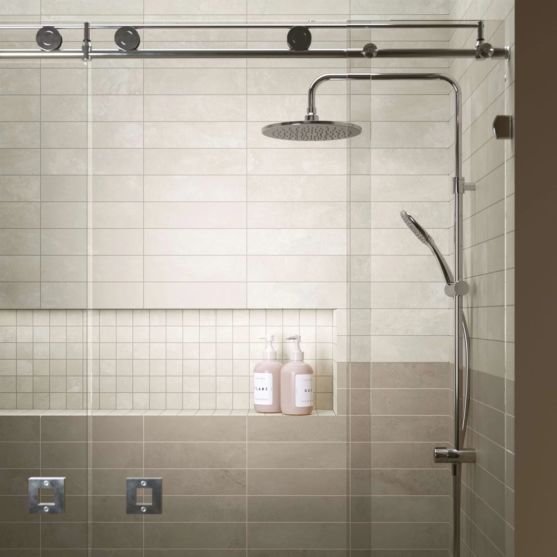 Cove Terra hotel bathroom with ash and white 3x12 subway on wall