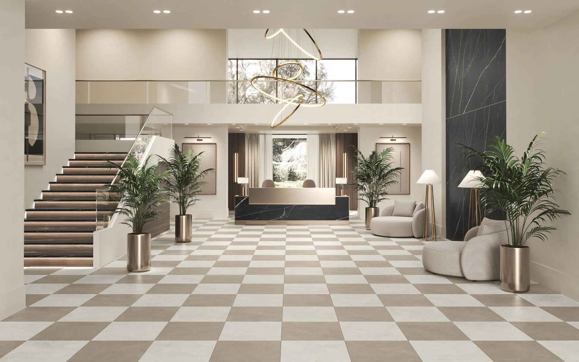 Cove Terra White and Ash concrete-look porcelain tiles in a modern, warm interior