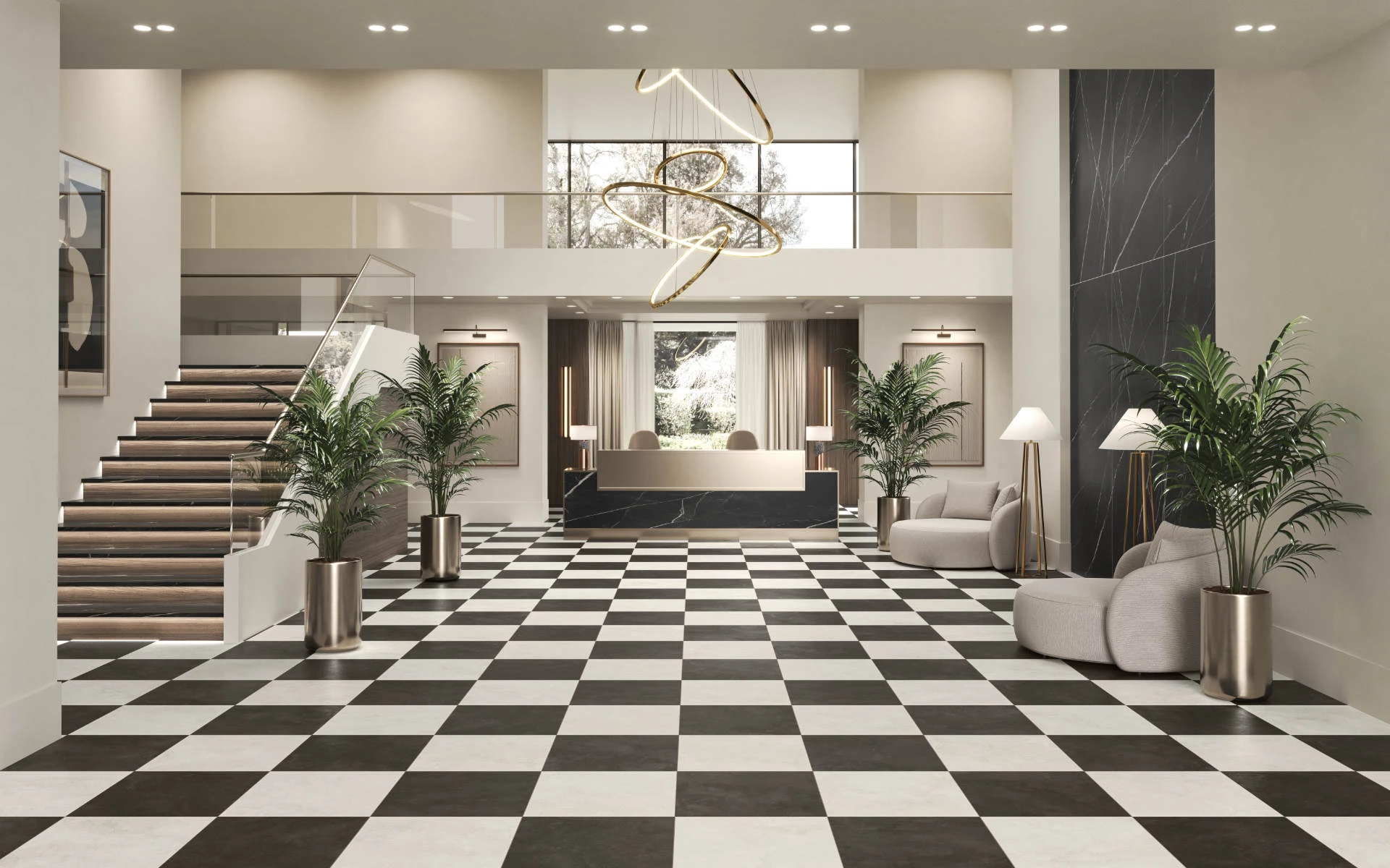 Cove Terra White and Black concrete-look porcelain tiles in a modern, minimal space