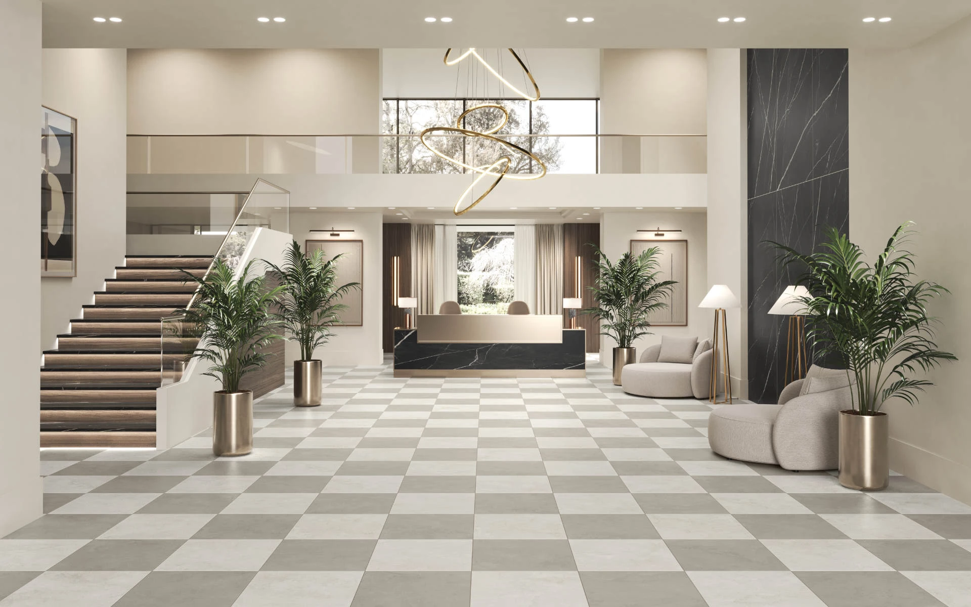 Terra White and Pearl concrete-look porcelain tile in a modern, minimalistic lobby
