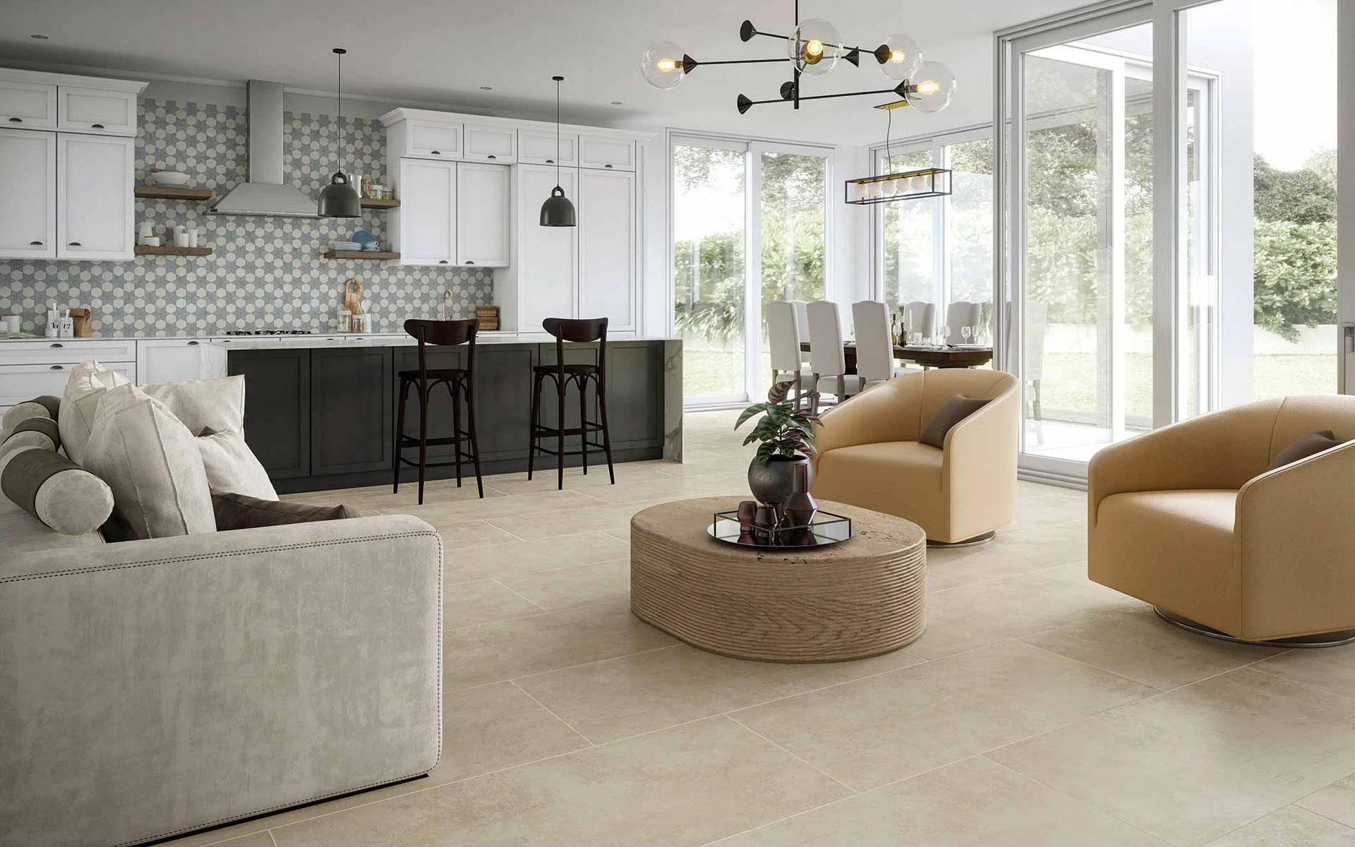 Cove Ocean+Breeze Orchid Mosaic on the backsplash and Cove Ivory 24x48 on the floor.