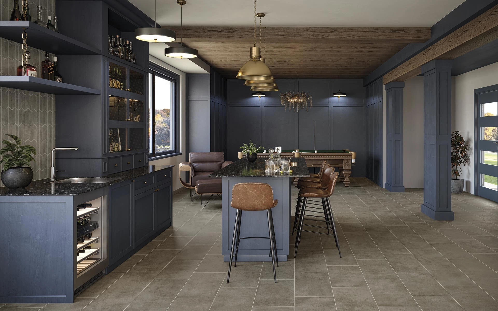 Cove Taupe 12x24 adds depth to a modern home bar. 