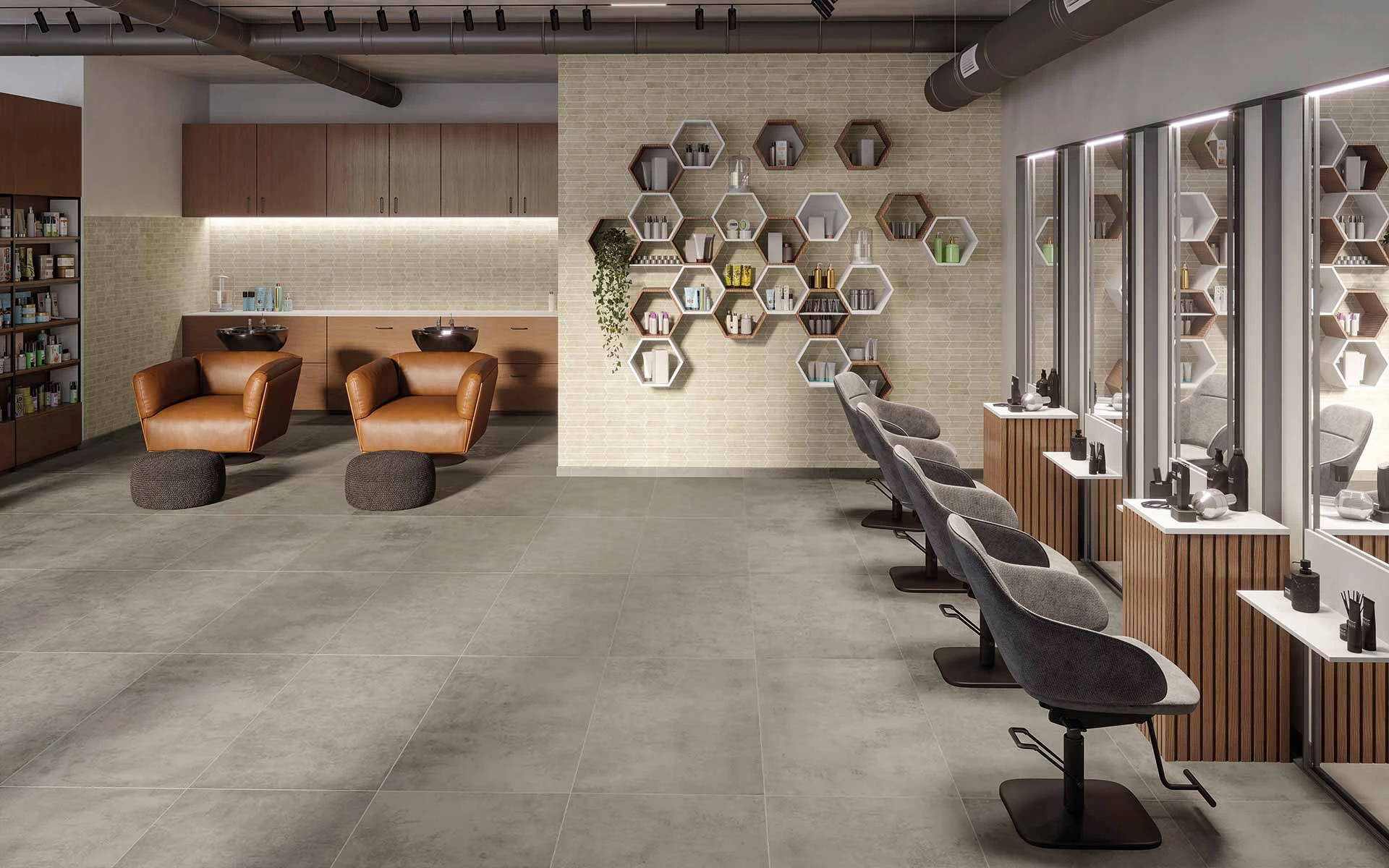 Large format porcelain tiles create dramatic effects. Cove Fog 24x48 featured in a salon. 