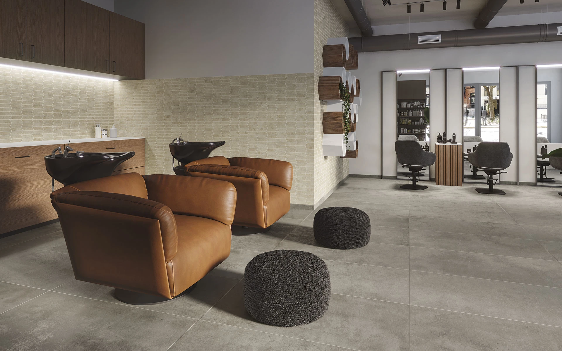 Cove Ivory Apex Mosaic in a horizontal pattern pairs with Cove Fog 24x48 large format on the floors of this salon. 
