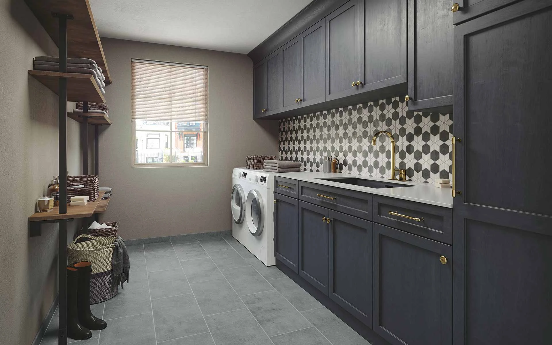 Cove Breeze + Coal Orchid Mosaic paired with Cove Ocean 12x24 creates a fun and functional laundry room. 