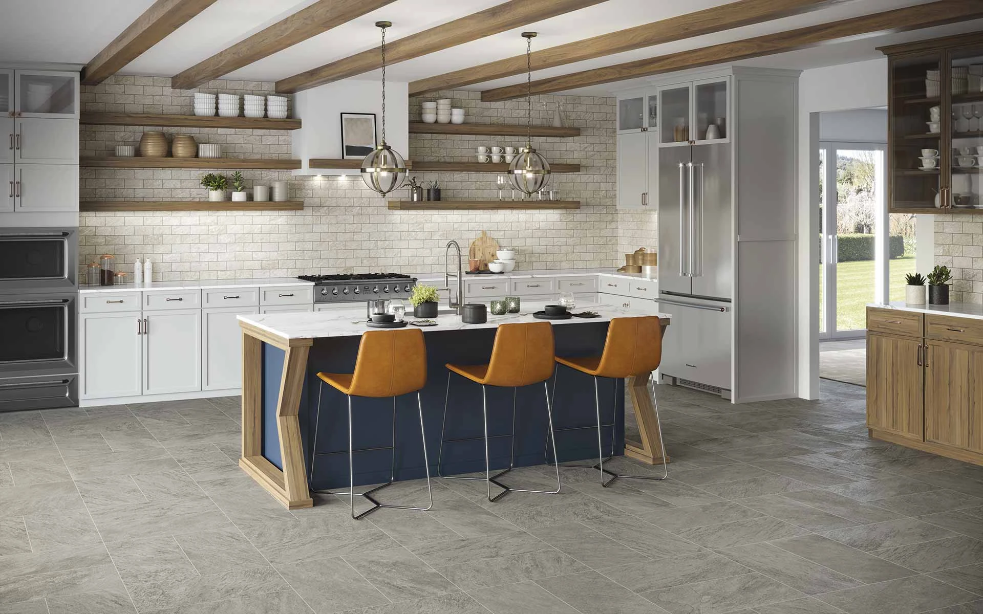 The stone-look of Element adds rustic charm to a kitchen featuring Element Gray 12x24 on the floors and Element Ivory Brick on the backsplash.