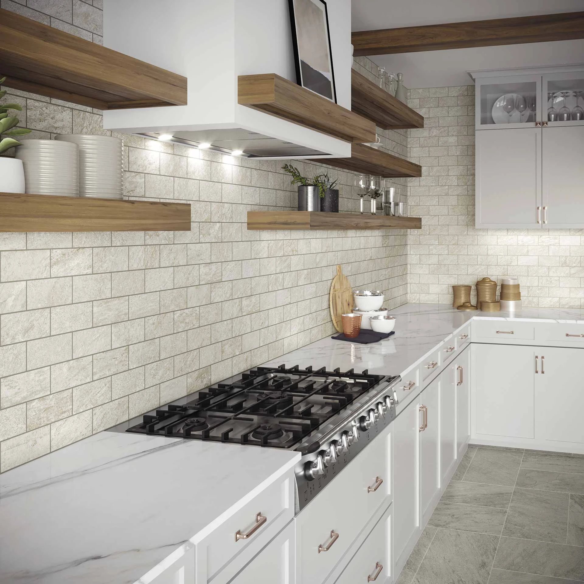Element Ivory Brick provides classic lines on kitchen walls. 