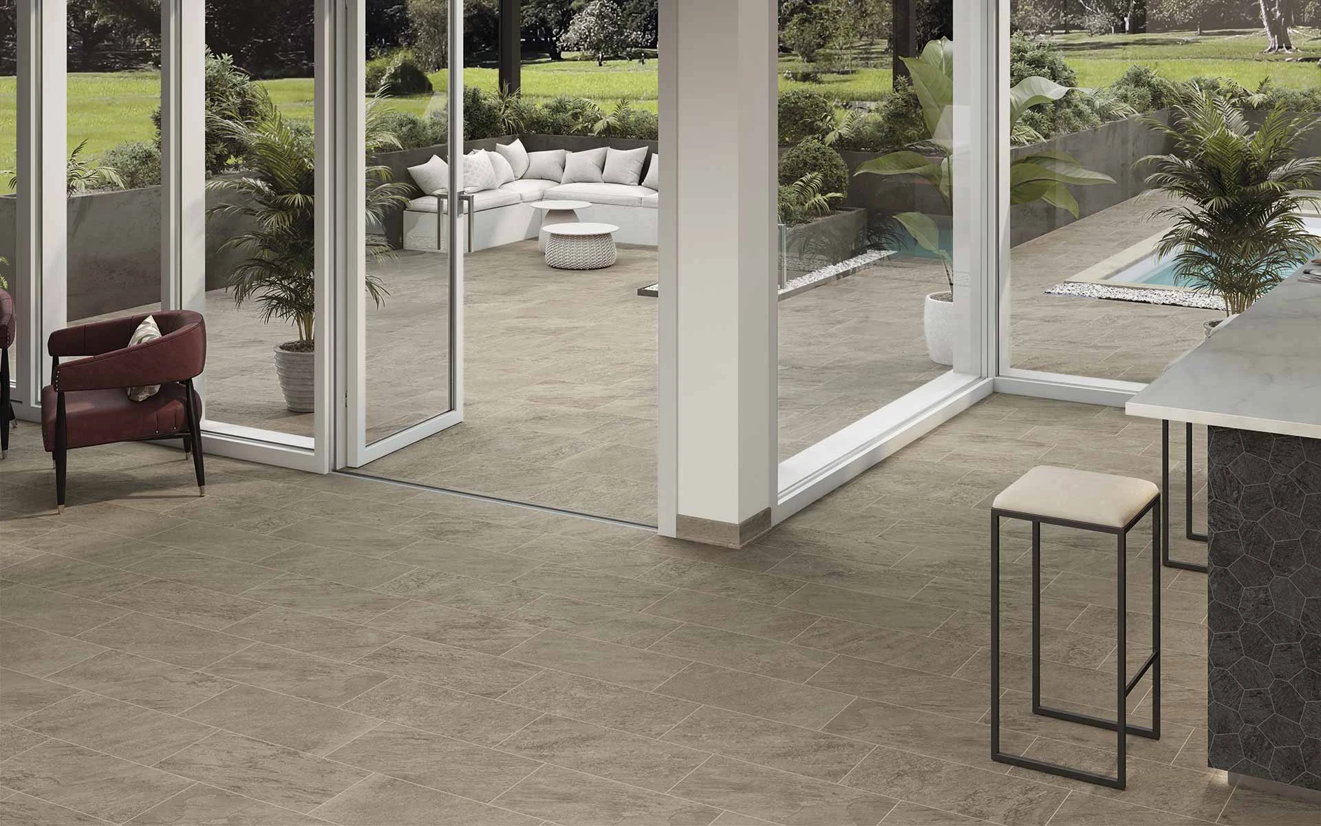 Transition seamlessly from indoor to outdoor with Element Earth 12x24 matte and Element Earth 12x24 grip finish. 