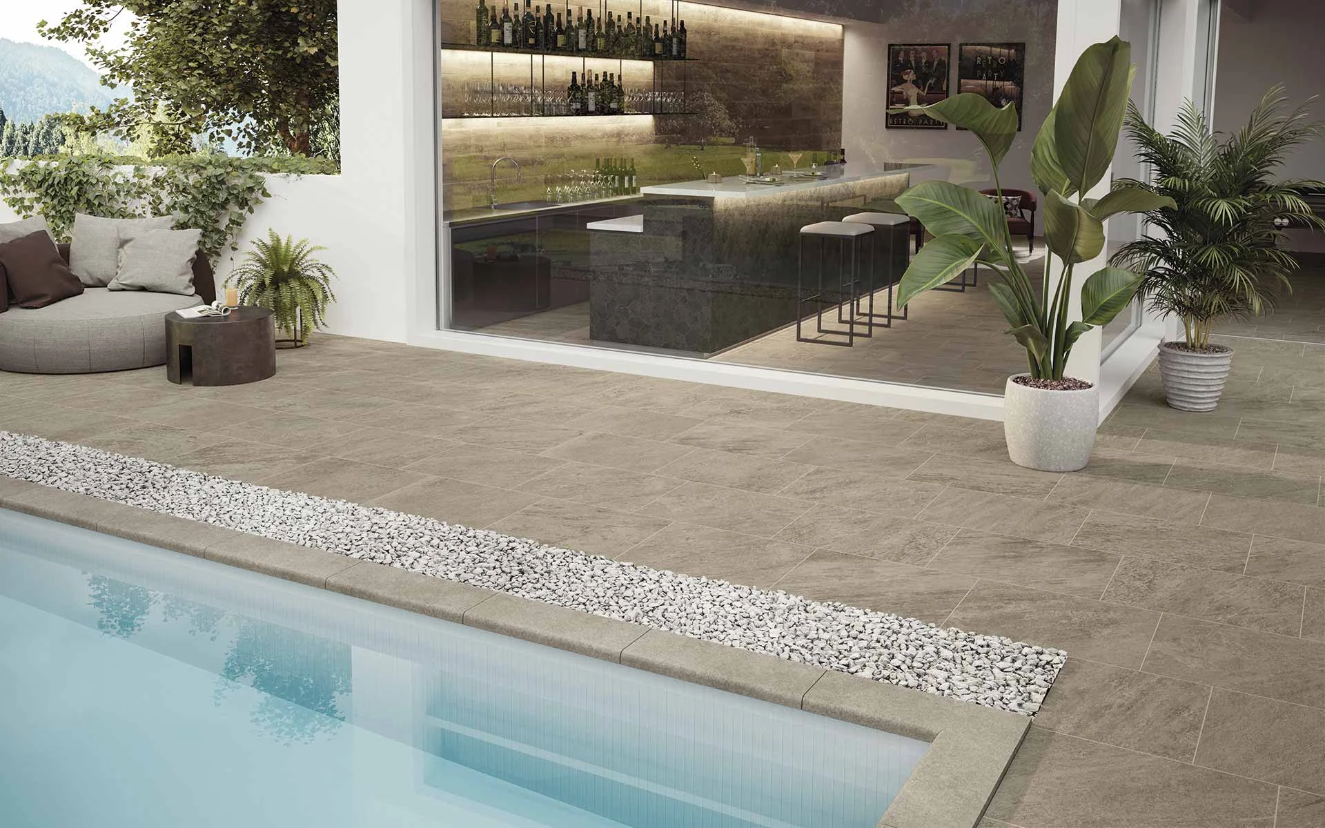 Outdoor and indoor finishes allow for design continuity shown here with Element Earth 12x24 matte and Element Earth 12x24 grip. 