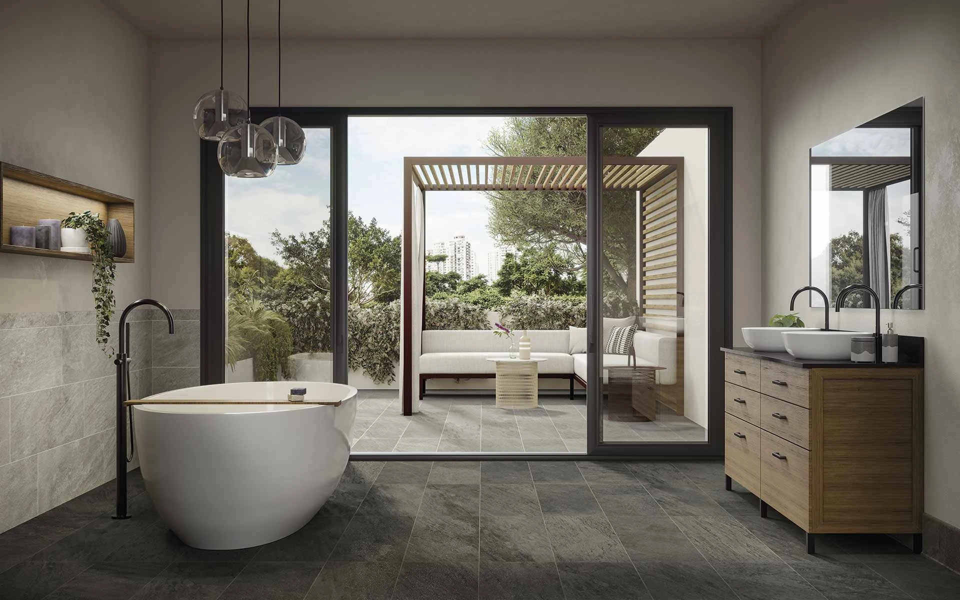 Blur the line between nature and the built environment with Element Carbon 12x24 matte and Element Silver 12x24 grip. 