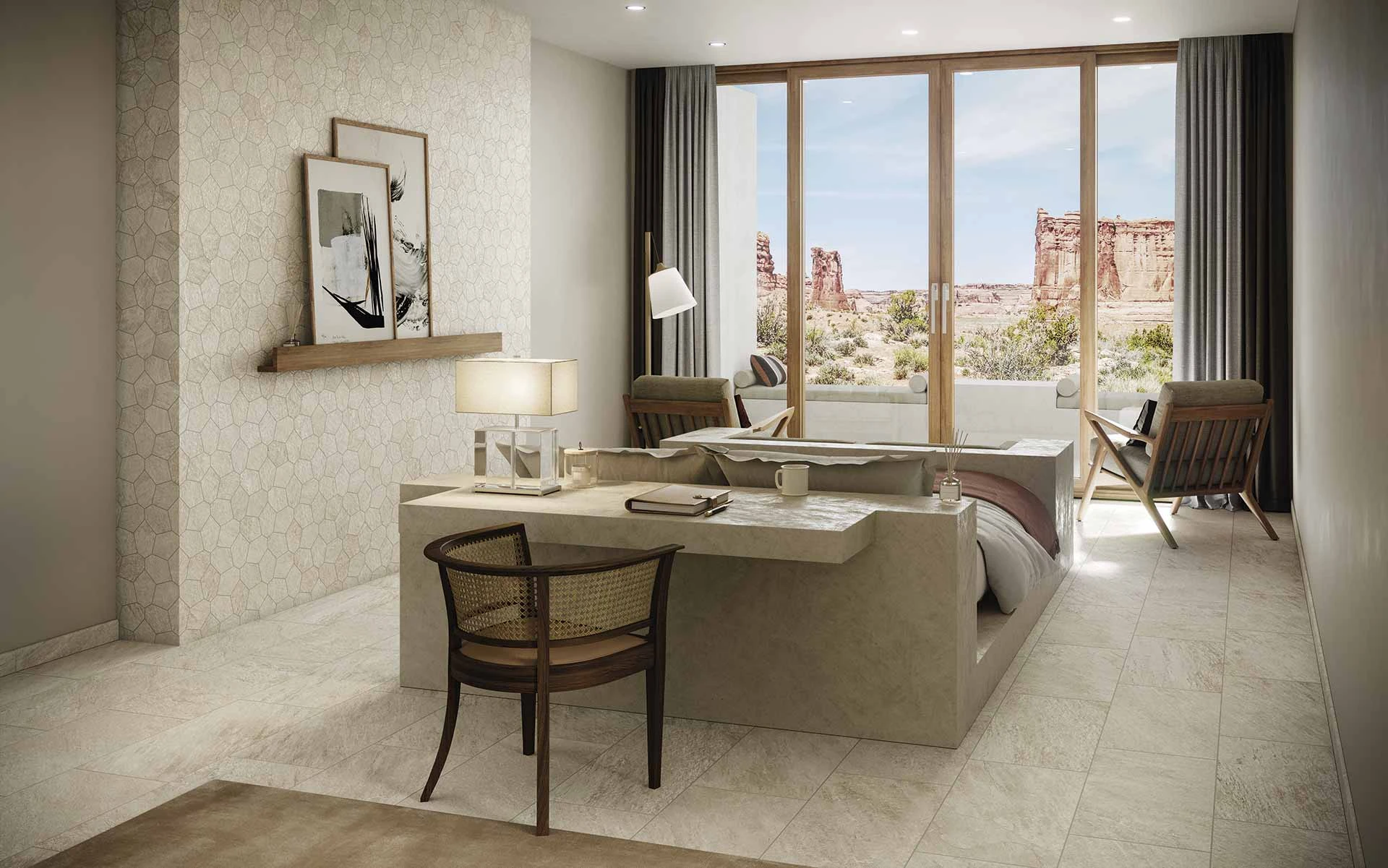 Element Ivory 12x24 on the floor with Element Ivory Turtle Mosaic accenting the wall. 