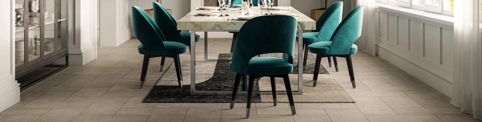 The beautiful updated look of Fray tiles in an elegant dining room setting