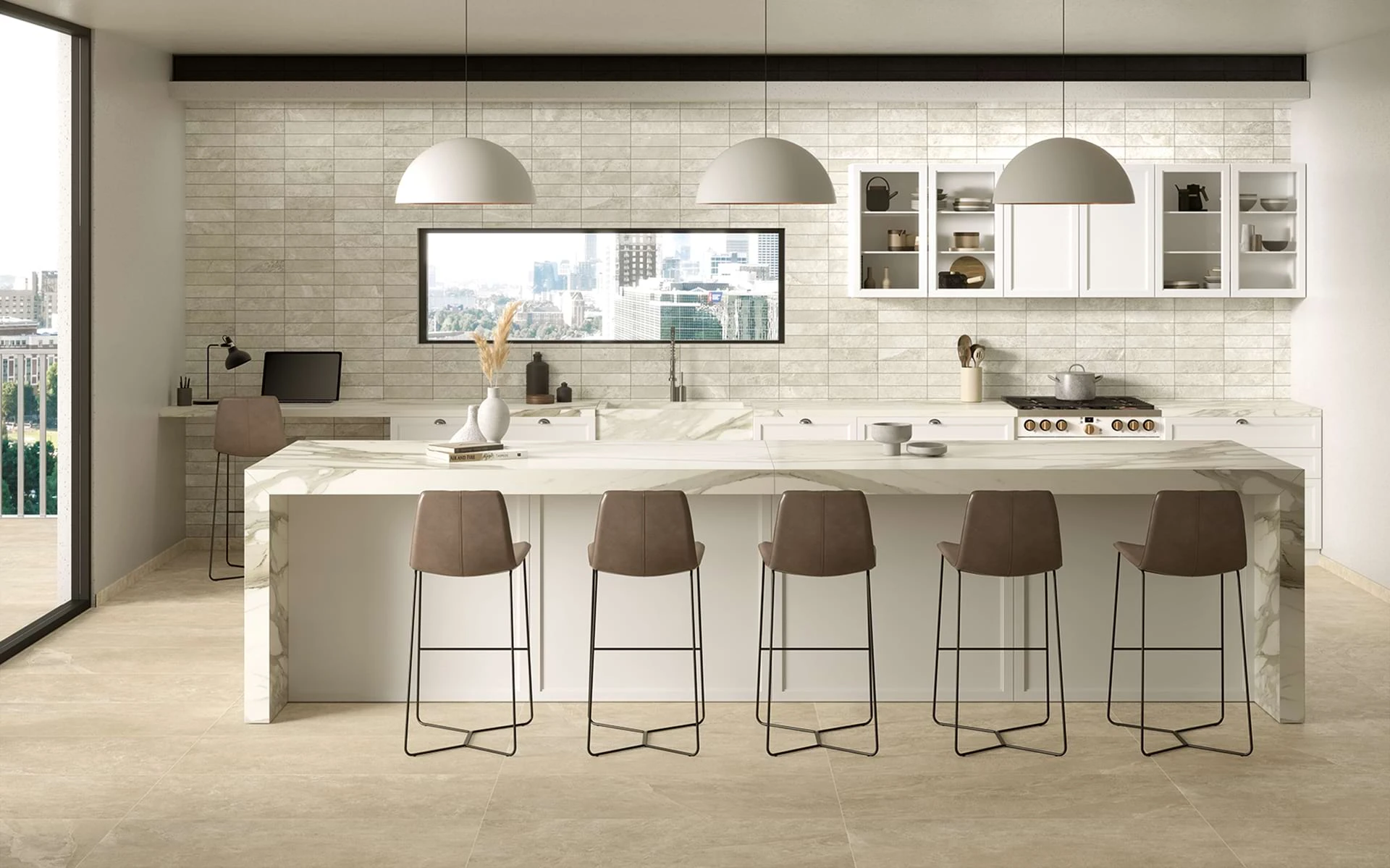 Hero kitchen with cord 24x48 on floor and snow 3x12 subway on wall
