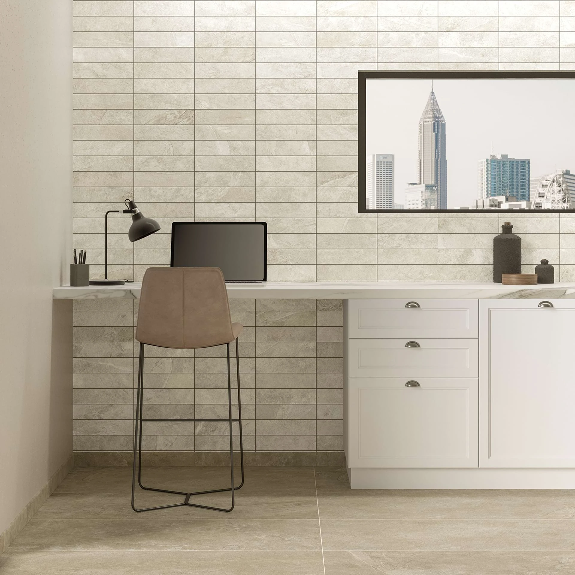 Hero kitchen with cord 24x48 on floor and snow 3x12 subway on wall