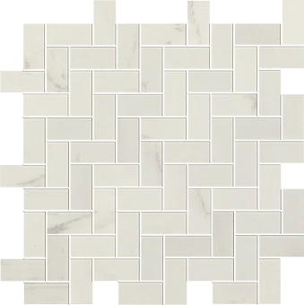 Liberty collection in Calacatta Centennial marble-look herrignbone mosaic ceramic wall tile from Atlas Concorde USA - sample