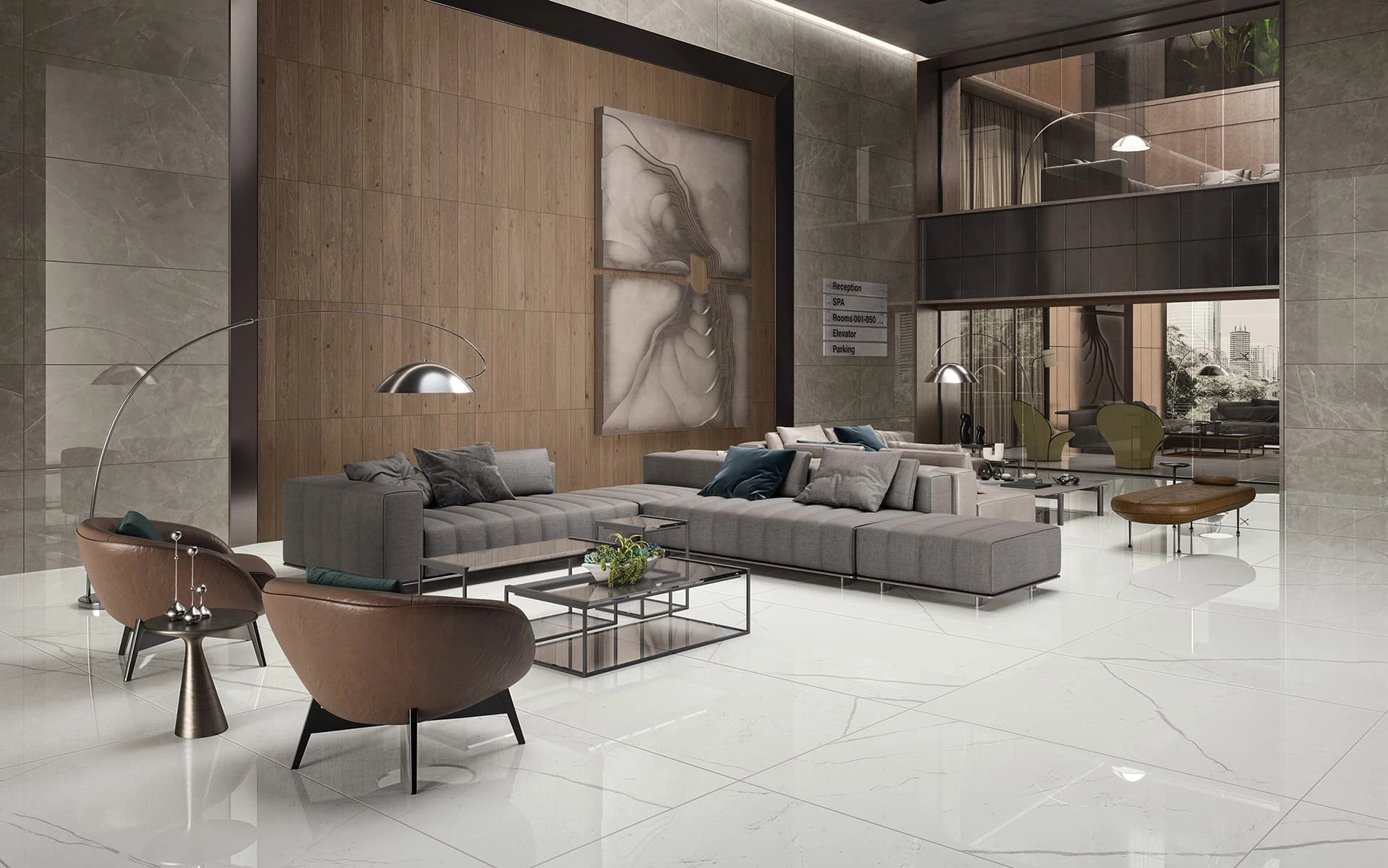 Memory Oak Brown 8x40, Beyond Calacatta Classic White 24x48, Beyond Calacatta Gray 24x48