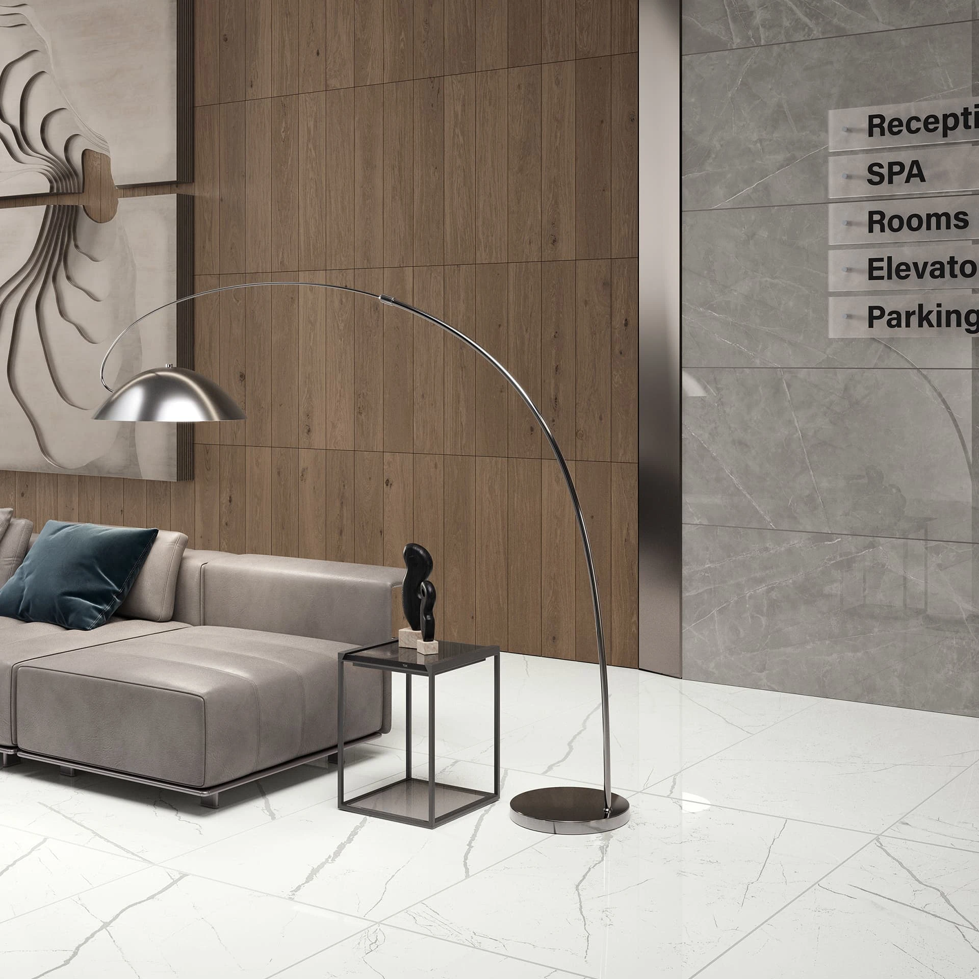 Memory Oak Brown 8x40, Beyond Calacatta Classic White 24x48, Beyond Calacatta Gray 24x48