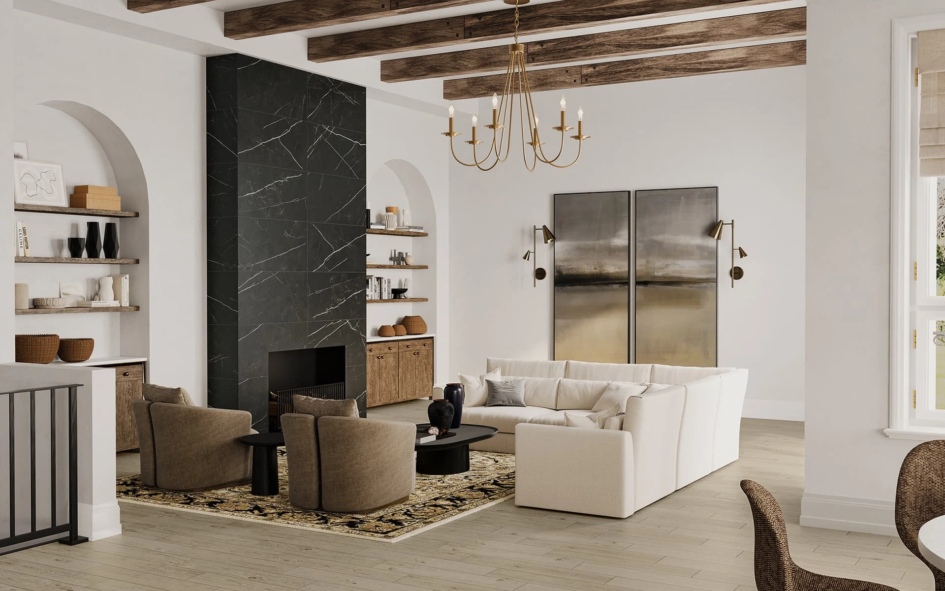 Memory Oak Ash 8x40, Beyond Calacatta Black 24x48