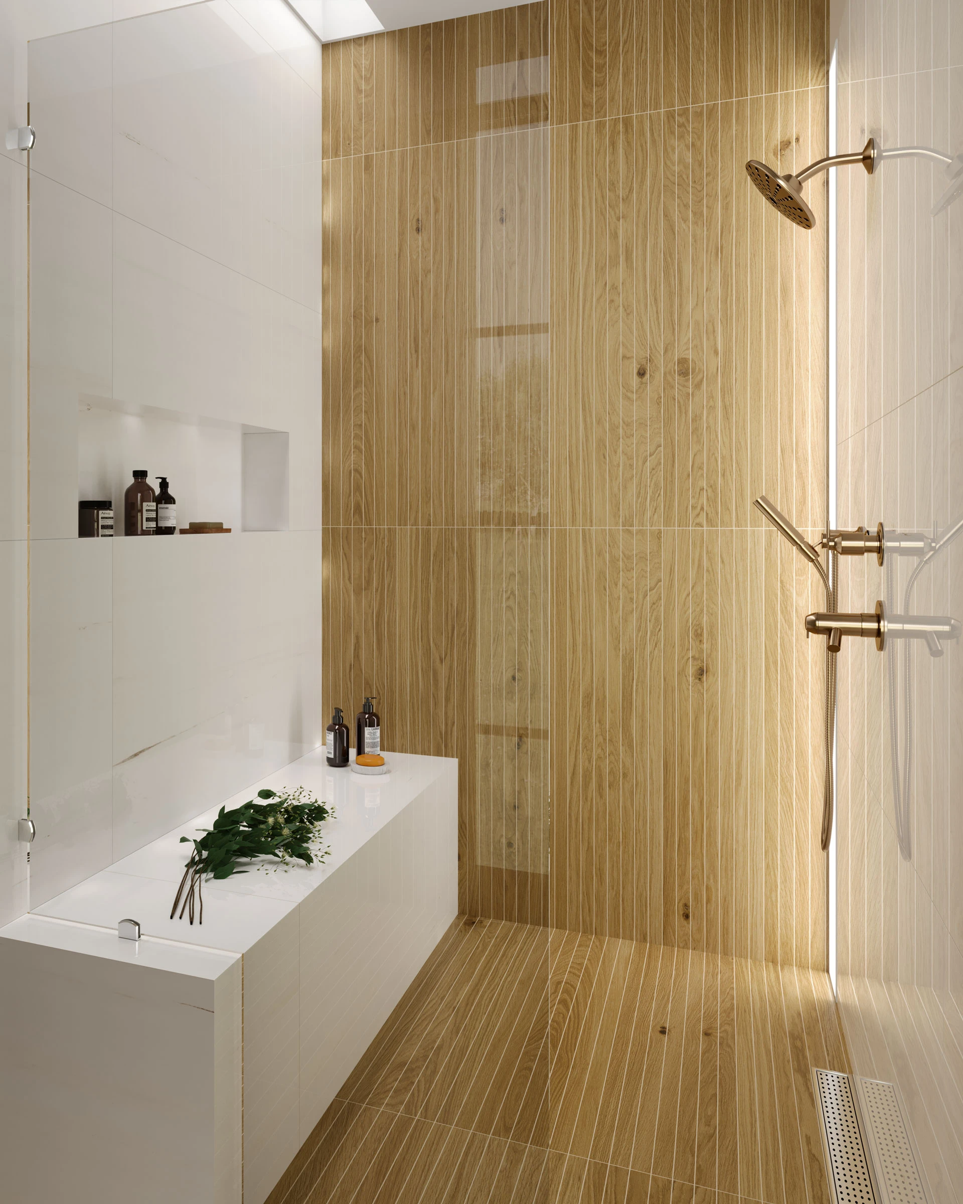 Memory Oak Caramel Spa 8x40, Beyond Dolomite Warm White 24x48