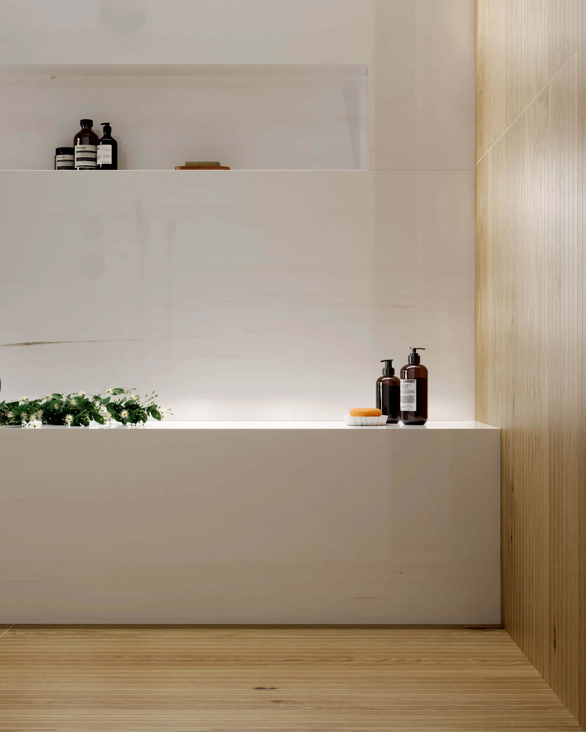 Memory Oak Caramel Spa 8x40, Beyond Dolomite Warm White 24x48
