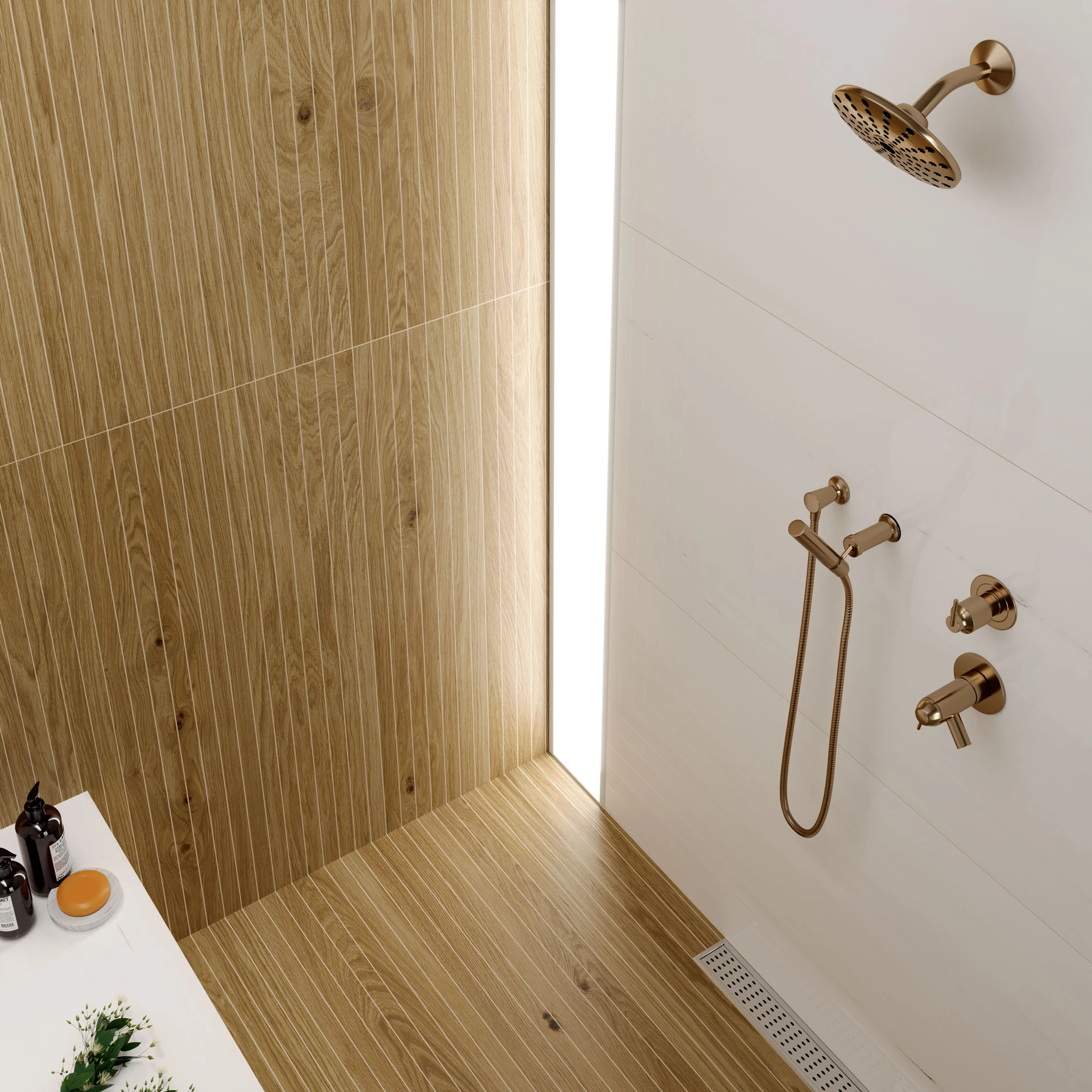 Memory Oak Caramel Spa 8x40, Beyond Dolomite Warm White 24x48