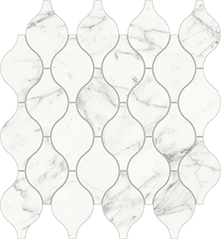 Trilogy Calcatta white marble-looking porcelain tile in Arabesque mosaic from Atlas Concorde USA- sample